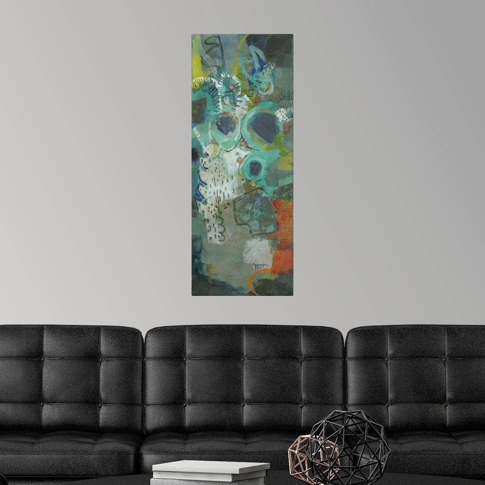 A modern room featuring This contemporary artwork features mottled areas of bright color with textured lines and dots tha...