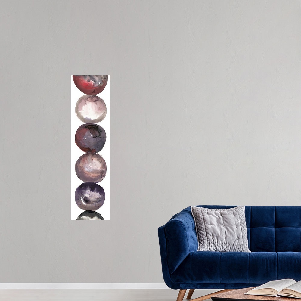 A modern room featuring Abstract artwork of a column of circular shapes in shades of grey and red.