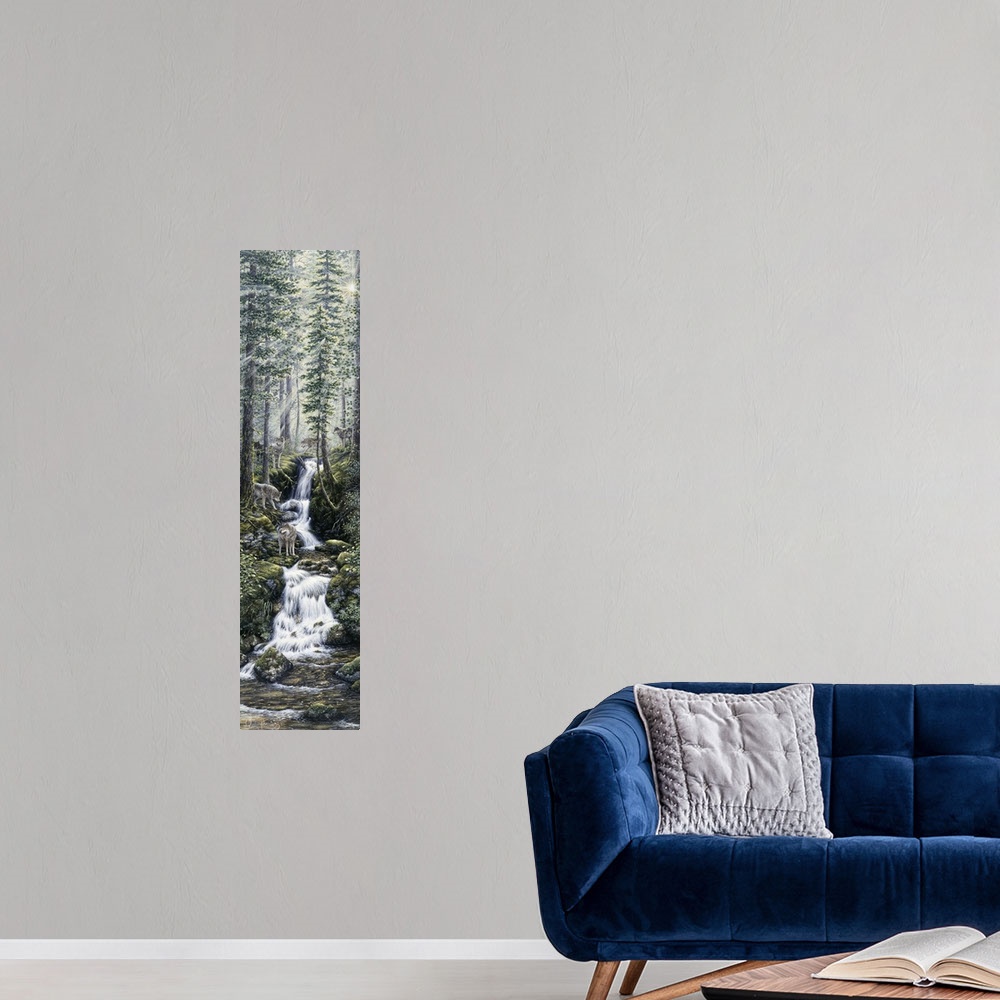 A modern room featuring wolves standing next to a mtn stream