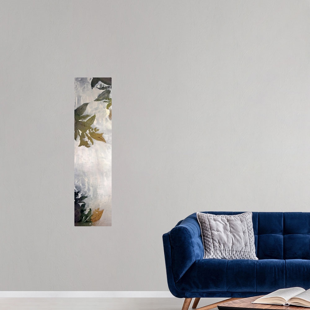 A modern room featuring A tall thin vertical piece that has painted leaves concentrated at the top and bottom.