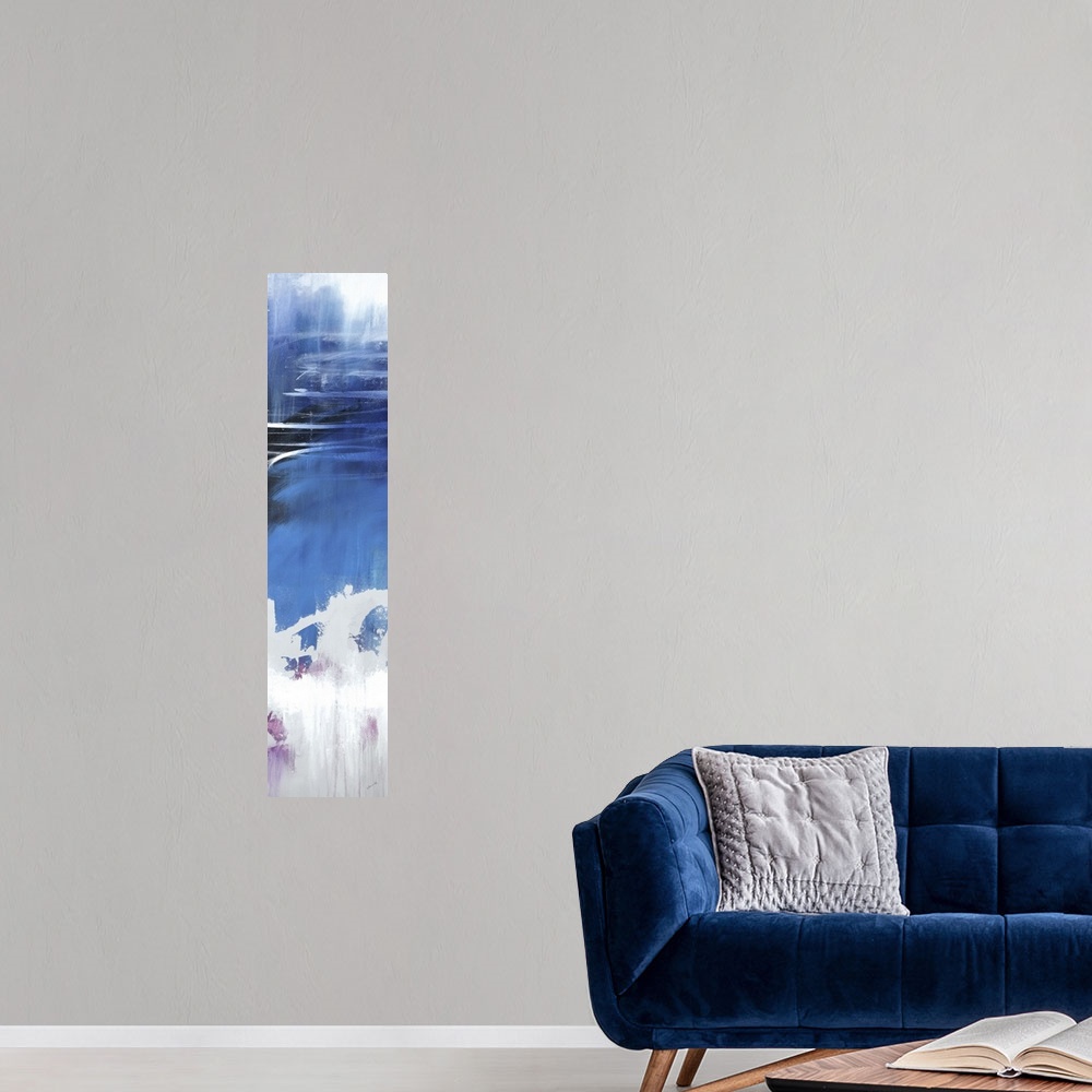 A modern room featuring Large vertical abstract painting with bold strokes of paint in white, blue and purple.