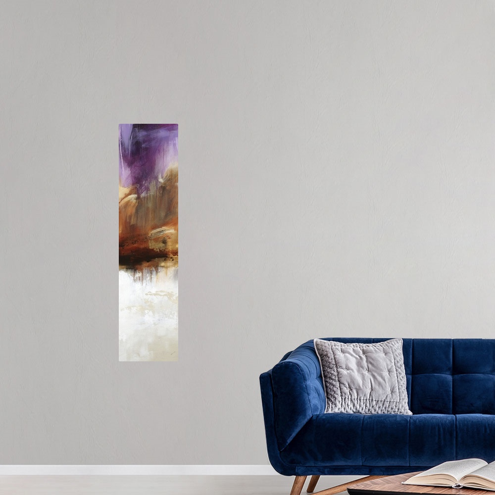 A modern room featuring Large vertical abstract painting with bold strokes of paint in white, brown and purple.