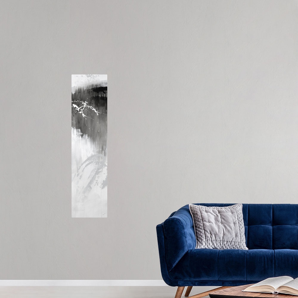 A modern room featuring Large vertical abstract painting with bold strokes of paint in white and gray.
