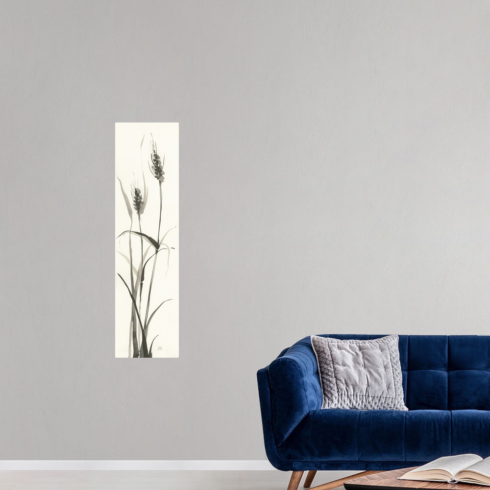 A modern room featuring Tall, rectangular watercolor painting of wild grass in black and white.