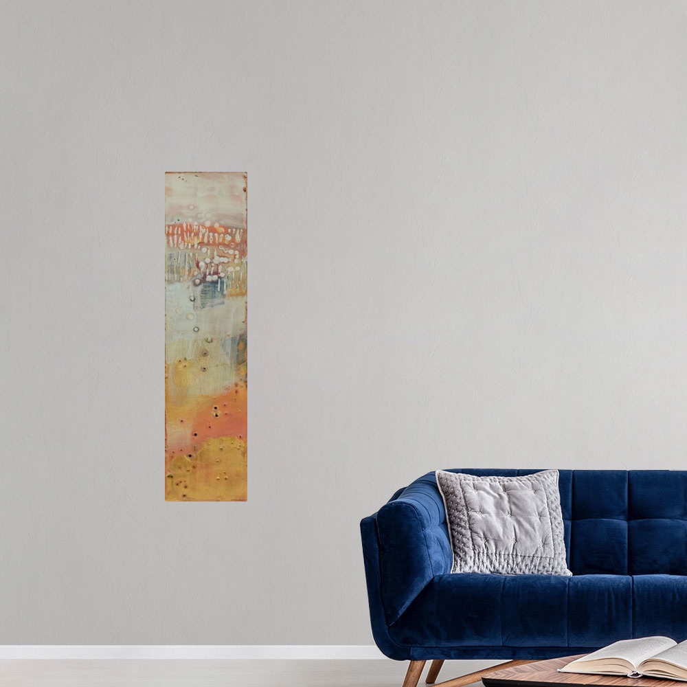A modern room featuring This painted contemporary artwork resembles rusting metal that has stood the test of time in vibr...