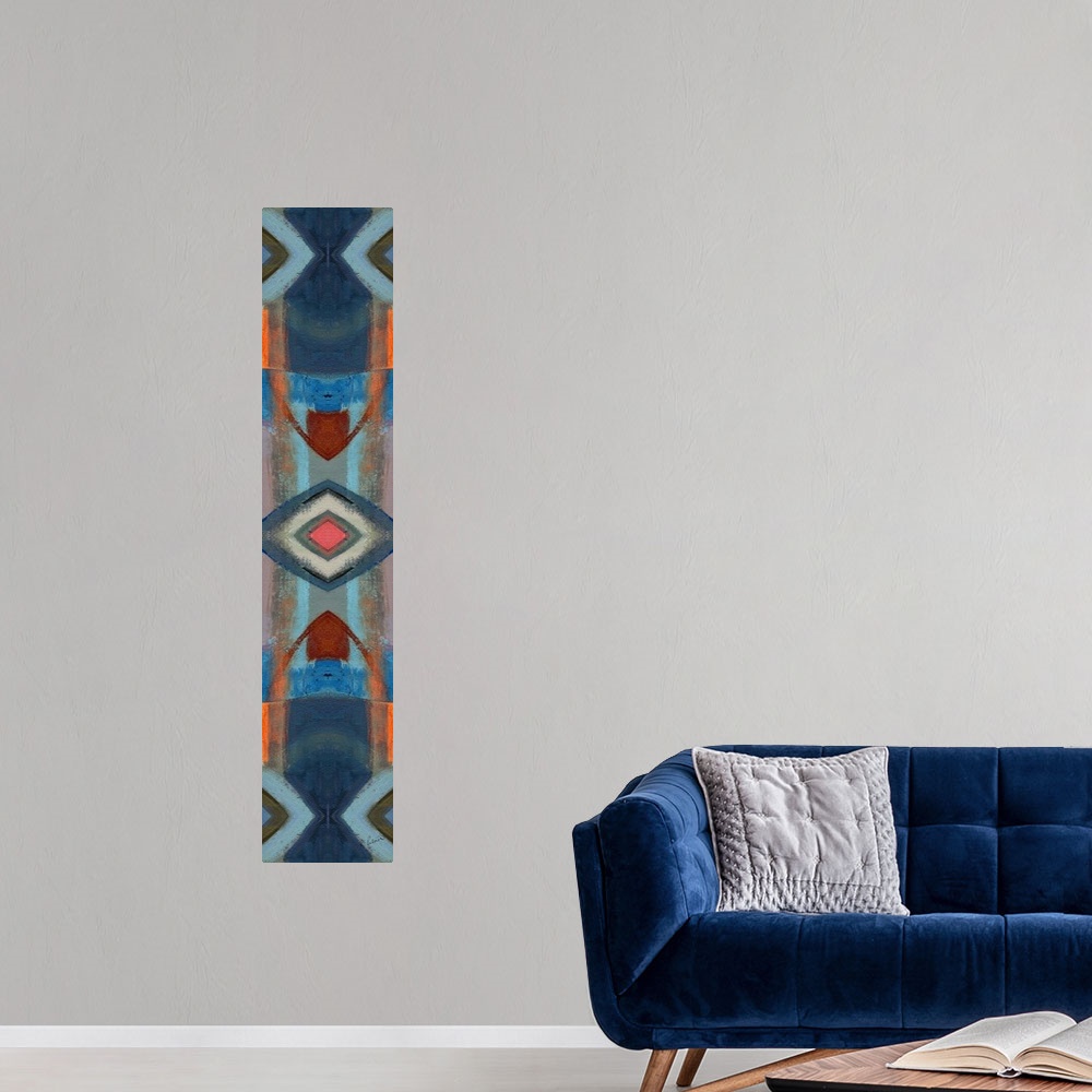 A modern room featuring Abstract contemporary painting resembling a kaleidoscopic image, creating geometric forms.