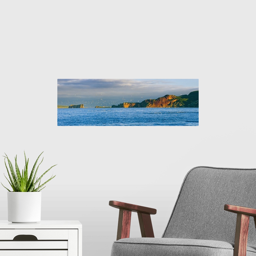 A modern room featuring Gannets In Flight And Perce Rock From Barachois, Gaspesie, Quebec, Canada