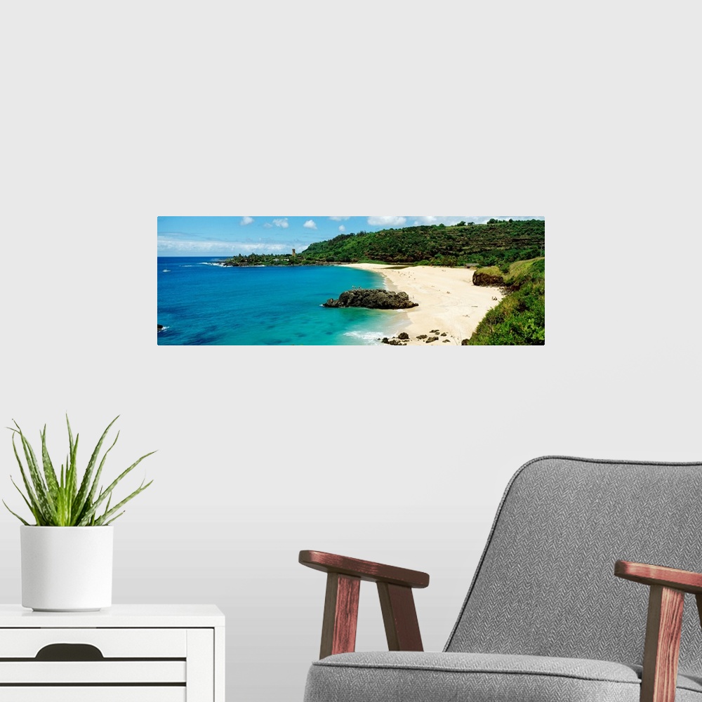 A modern room featuring Panoramic photograph of shoreline under cloudy sky.  The beach leads to a dense forest.