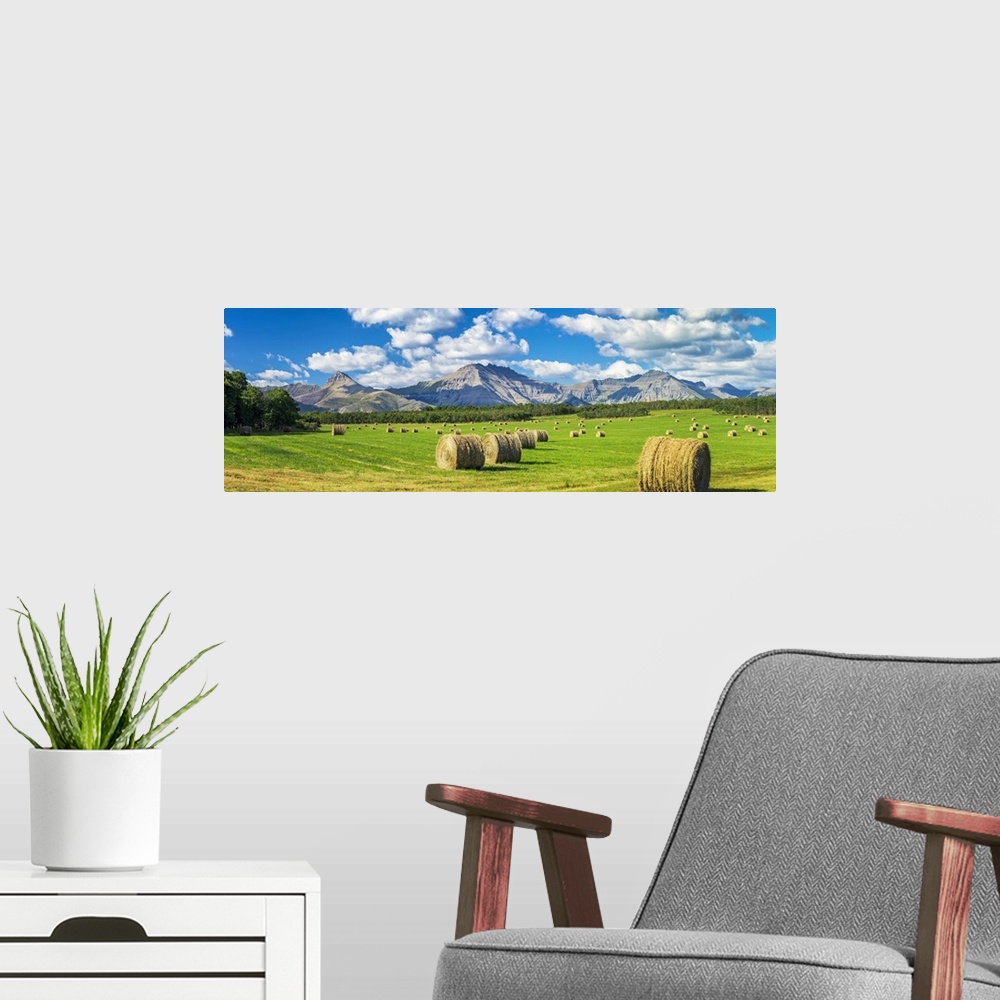 A modern room featuring Panorama of hay bales in a green field with mountains, blue sky and clouds in the background, Nor...