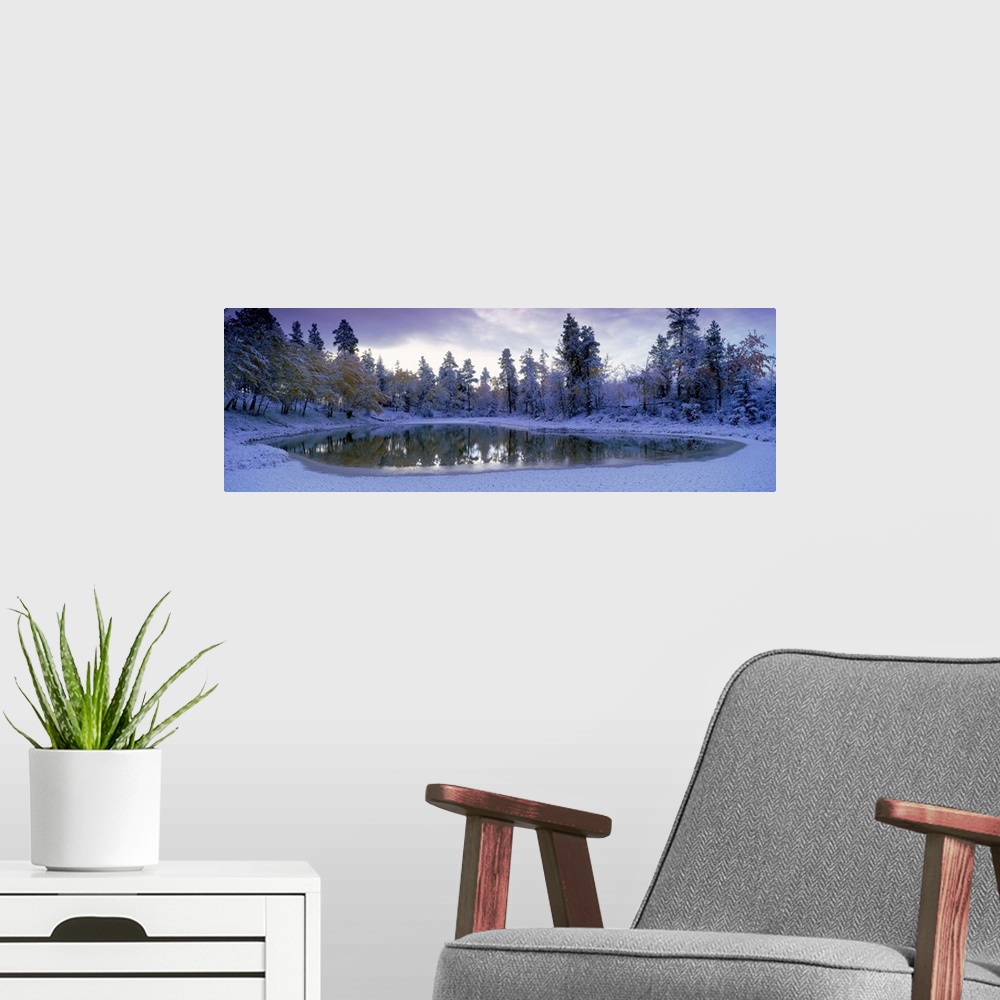 A modern room featuring Pond And Fresh Snowfall, Near 70 Mile House, British Columbia, Canada