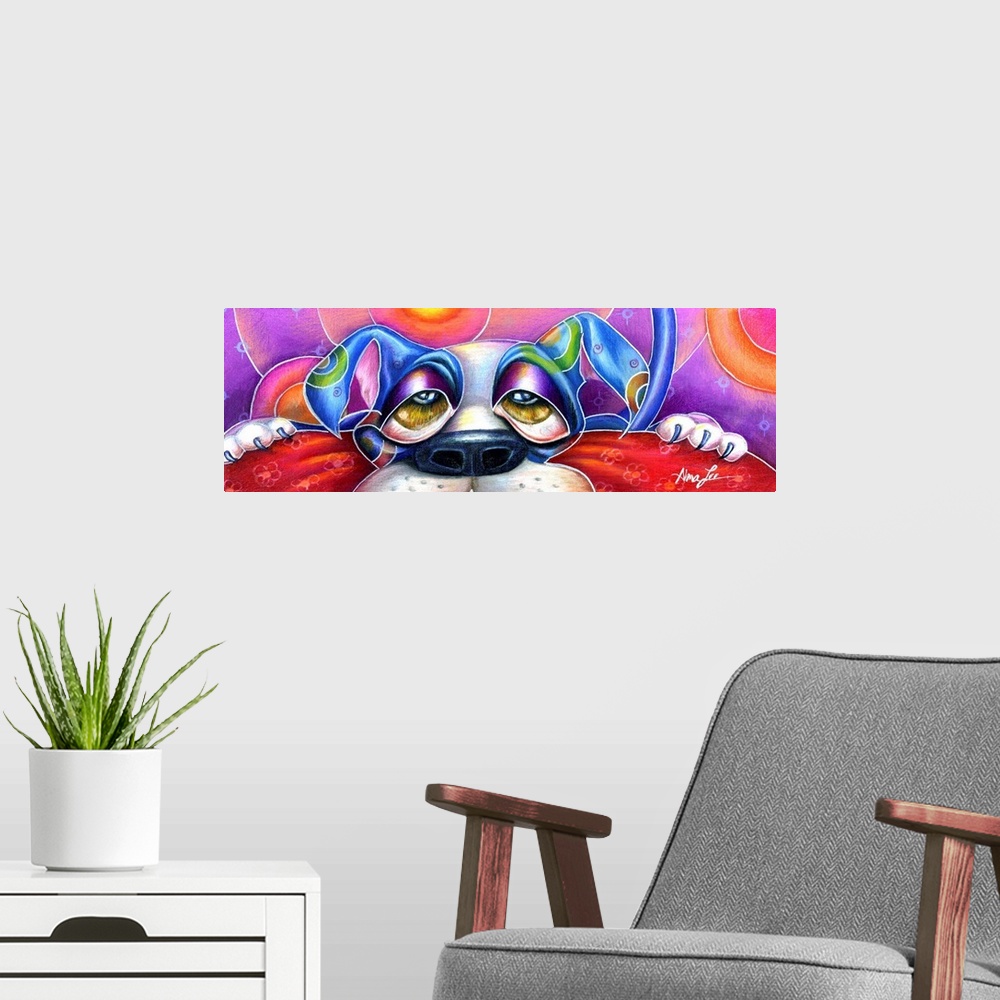 A modern room featuring Contemporary artwork in the style of cubism of a stretching dog in bold colors.
