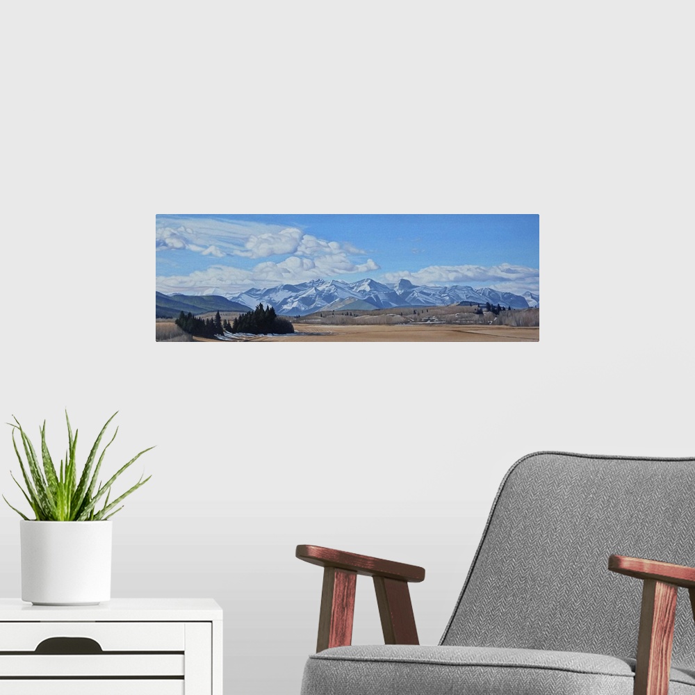 A modern room featuring Contemporary painting of an idyllic mountainous landscape in autumn.
