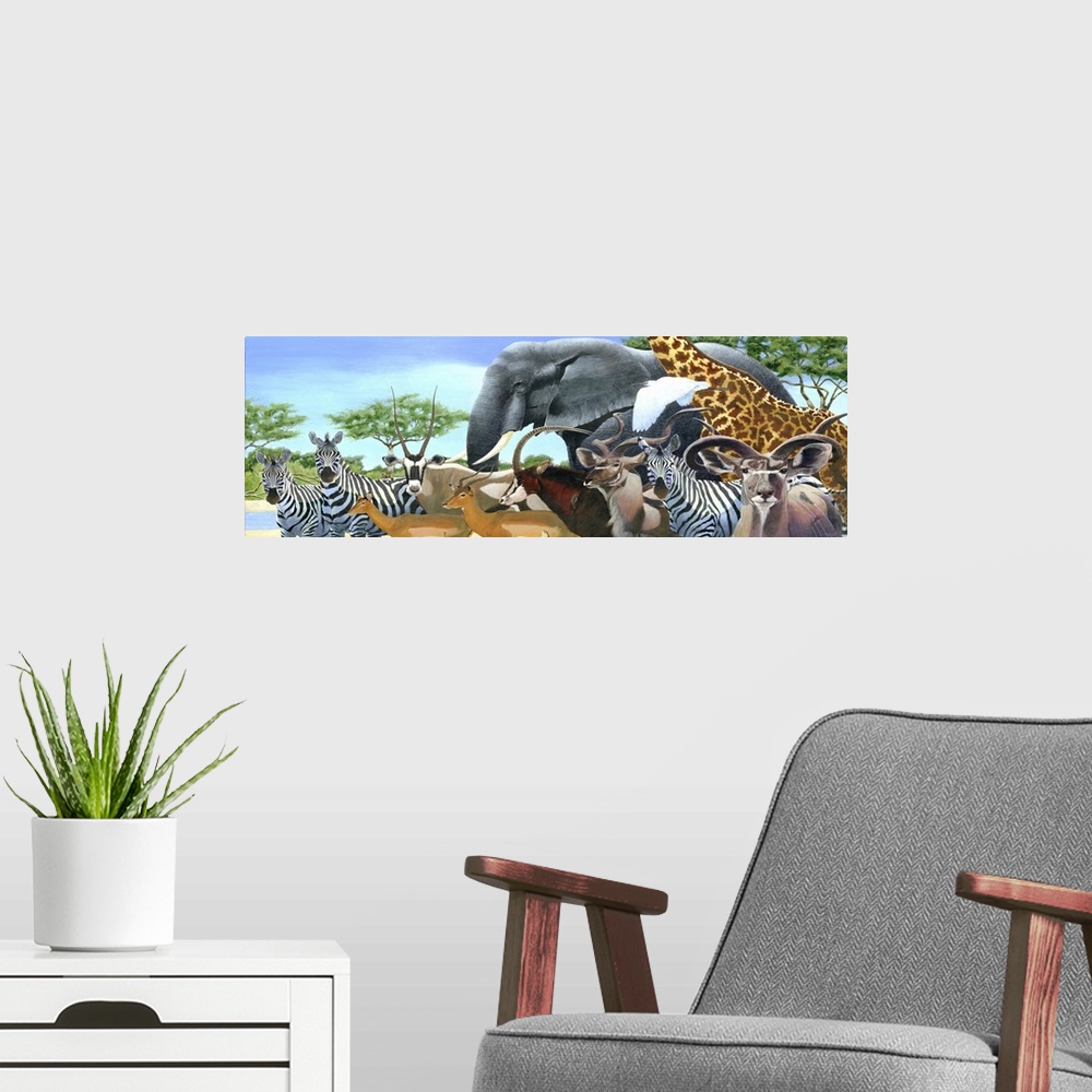 A modern room featuring Contemporary painting of a gathering of African animals at a watering hole.