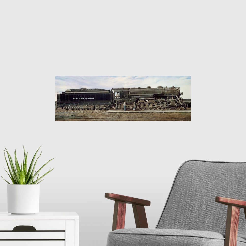 A modern room featuring Contemporary painting of a train engine fueling and getting ready to move out.