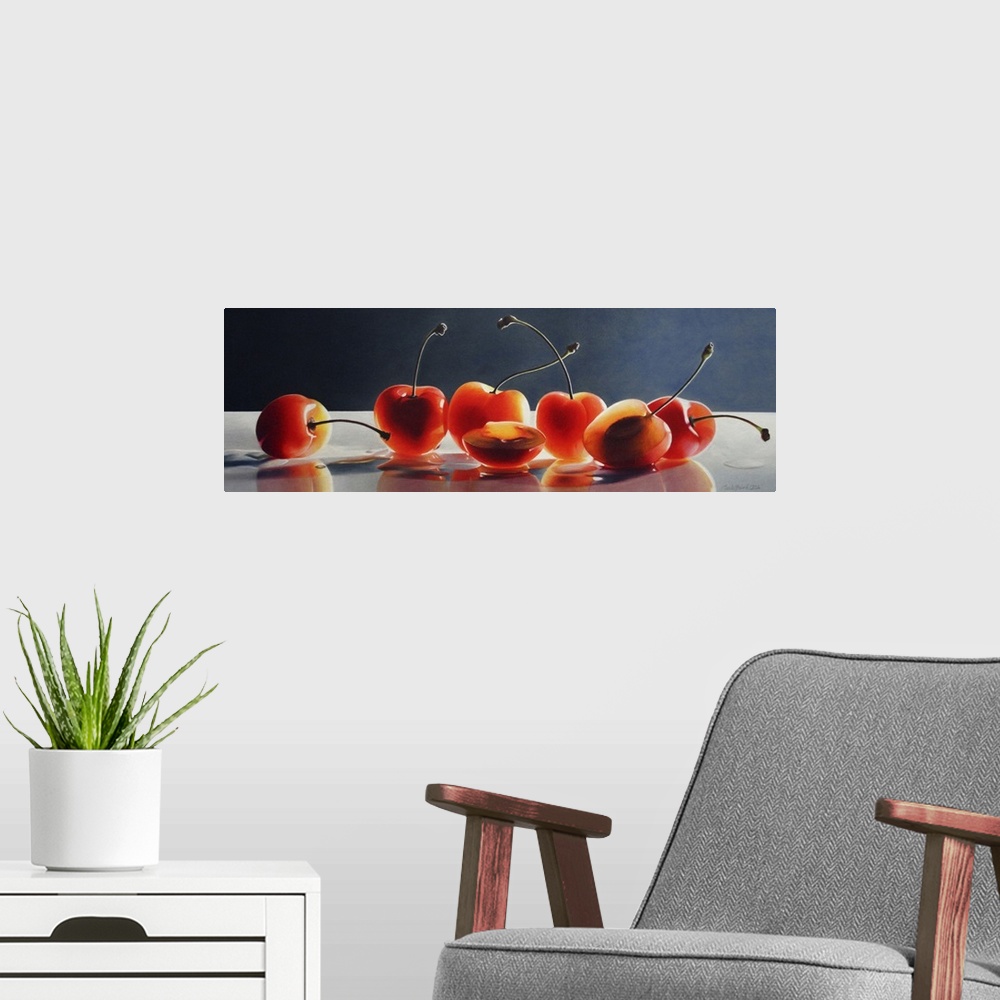 A modern room featuring Contemporary vivid still-life artwork of red cheery's on a white surface with sunlight illuminati...