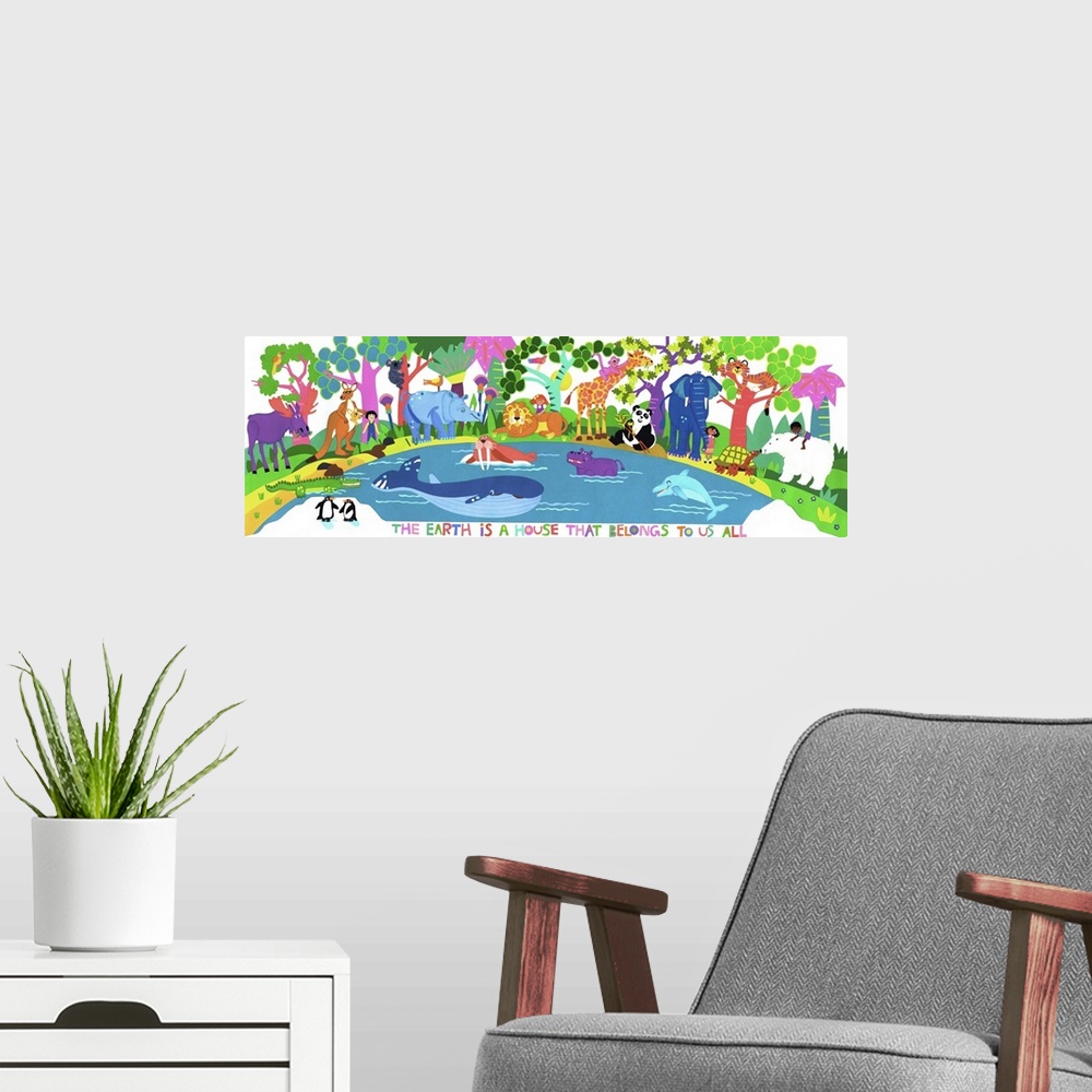 A modern room featuring Colorful illustration of all sorts of animals together in a forest.