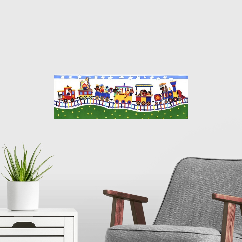 A modern room featuring Illustration of children on a train.