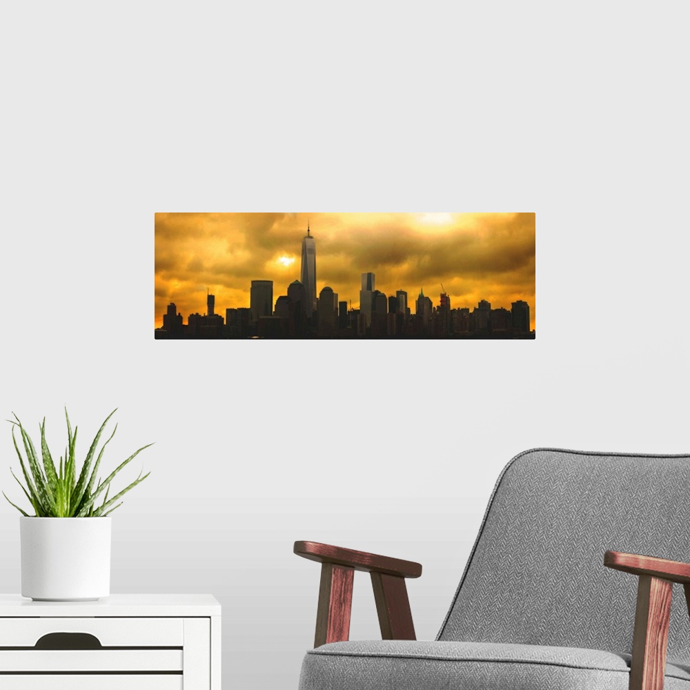 A modern room featuring Lower Manhattan Panoramic View From With Clouds