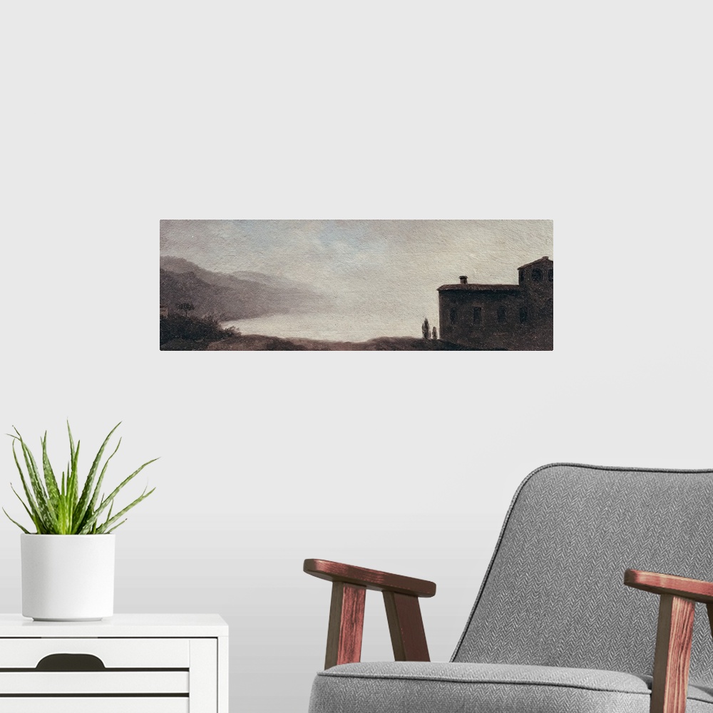 A modern room featuring XIR215177 Lake Nemi in the Rain (oil on paper mounted on card)  by Valenciennes, Pierre Henri de ...