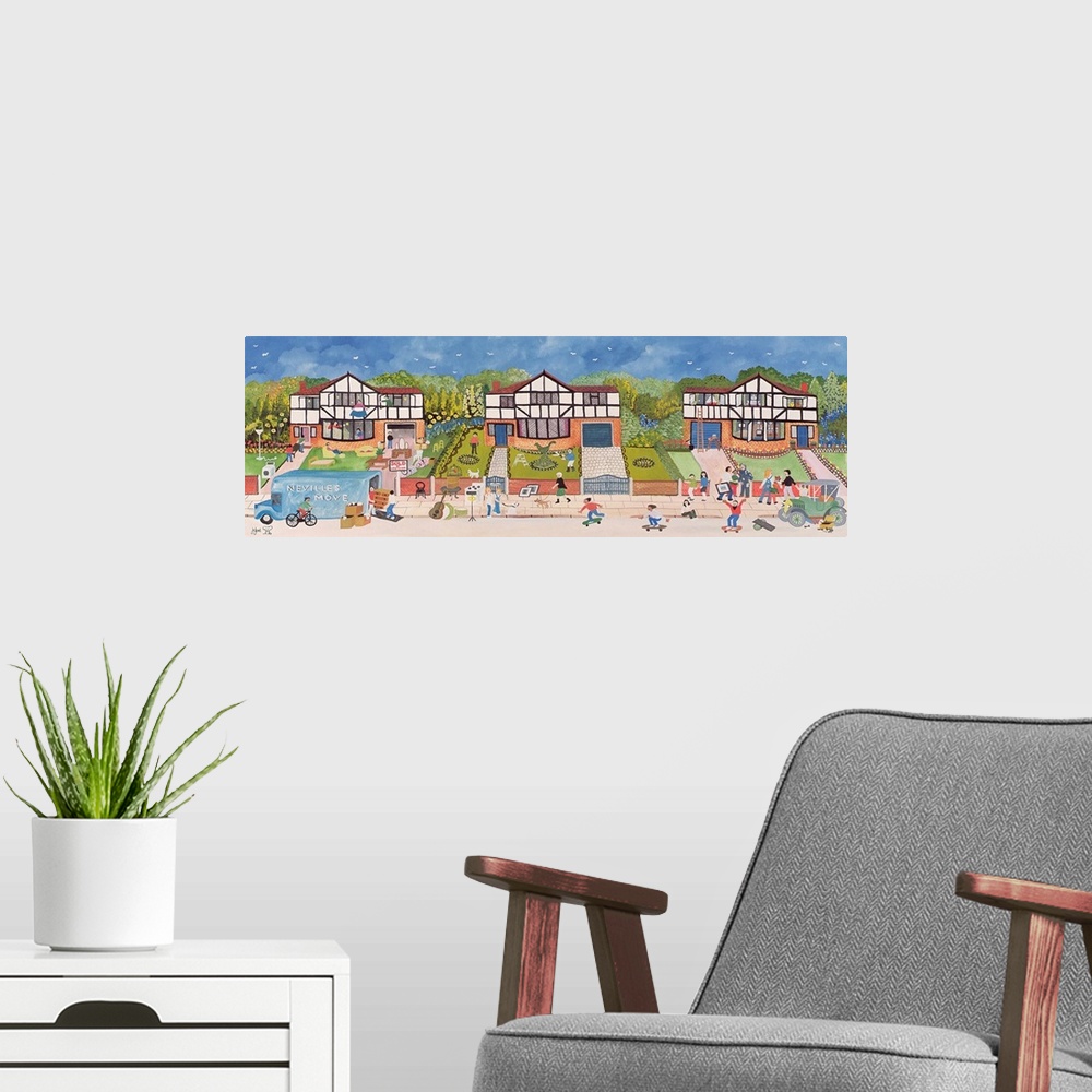 A modern room featuring Contemporary painting of people in the streets in a neighborhood.