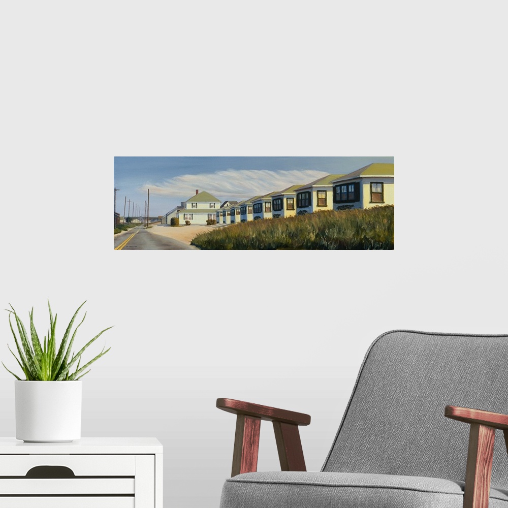 A modern room featuring Contemporary painting of a row of identical houses along a road in the suburbs.