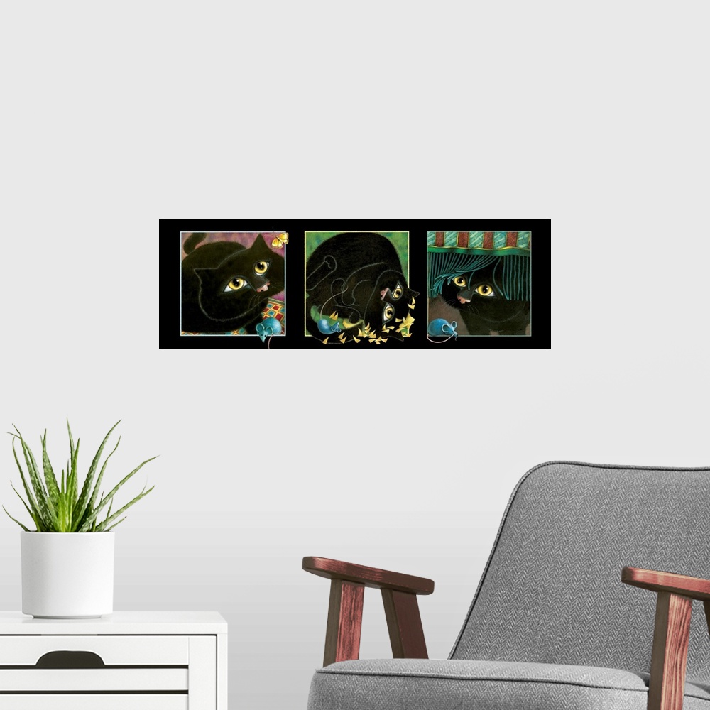 A modern room featuring Panoramic painting that has three square with a black cat and blue mouse in each.