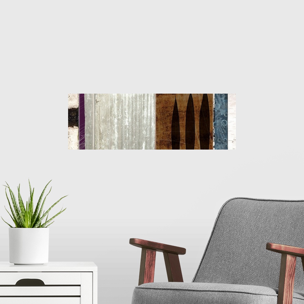 A modern room featuring Contemporary horizontal design of textured colors and leaves in multiple panels.