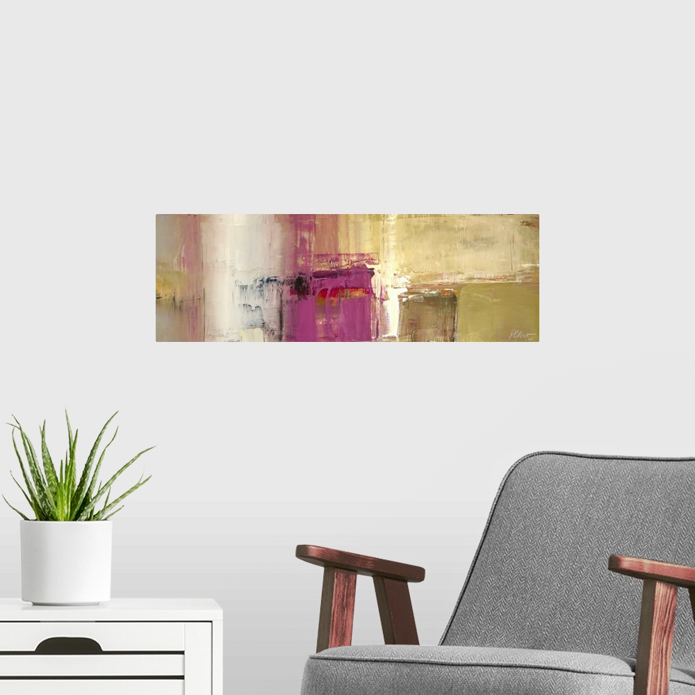 A modern room featuring A horizontal abstract painting in textured colors of purple, red and brown in box shapes.