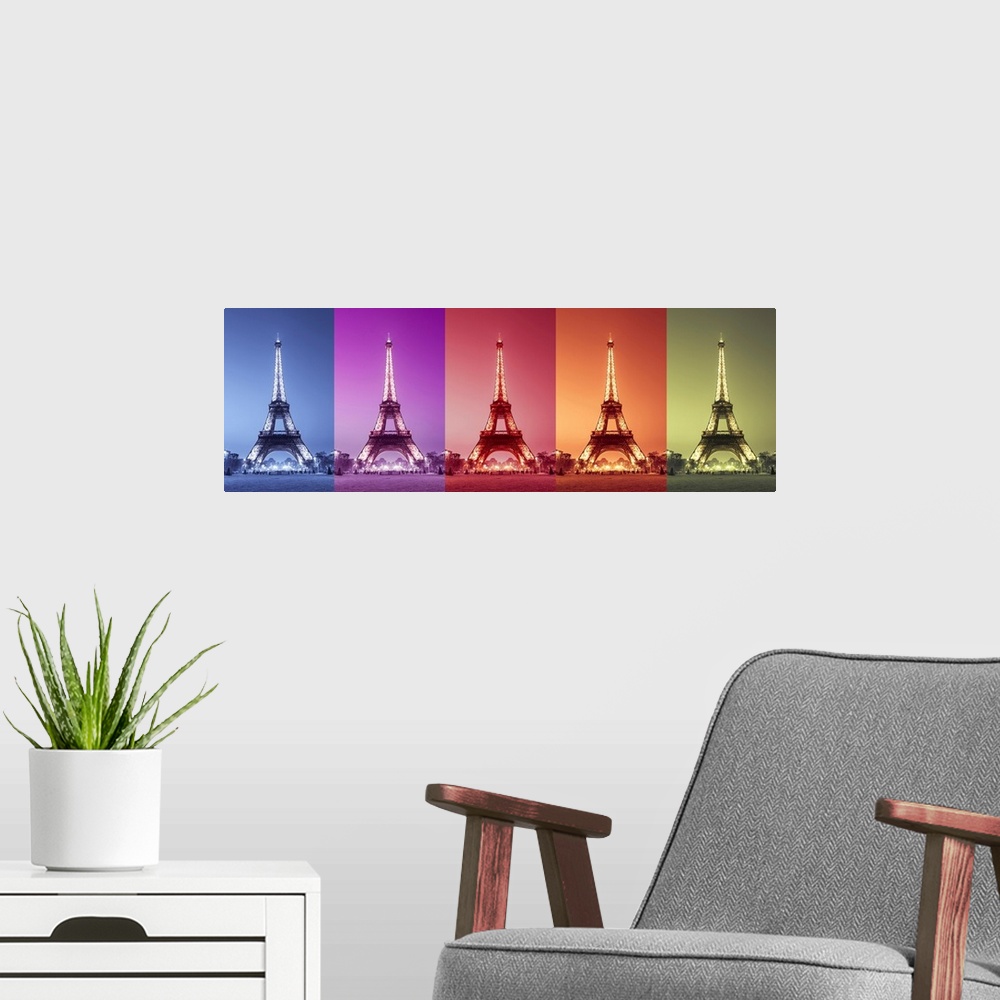 A modern room featuring A panoramic image of the Eiffel Tower in multiple bright colors.