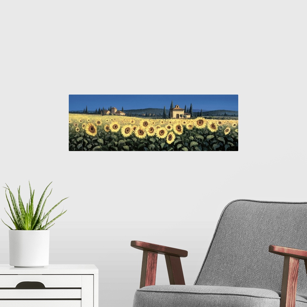 A modern room featuring Contemporary artwork of a field of sunflowers in Tuscany.