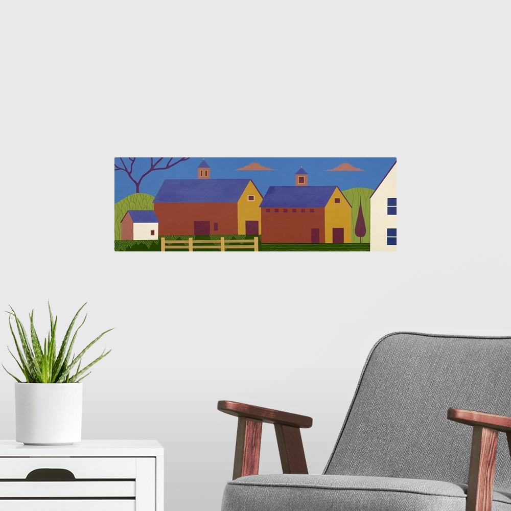 A modern room featuring Oversized, horizontal folk art on a wall hanging of simplistically shaped buildings in a group, s...