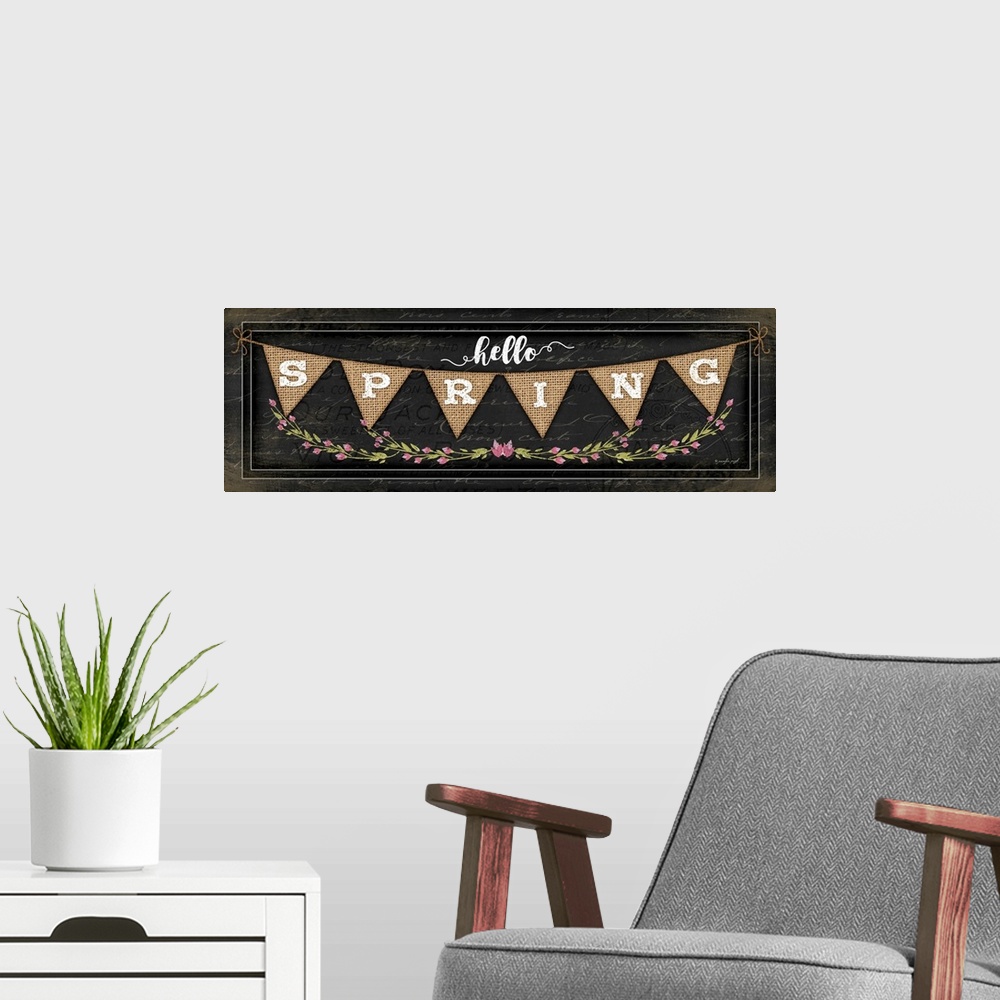 A modern room featuring "Hello Spring" on a bunting banner with flowers.