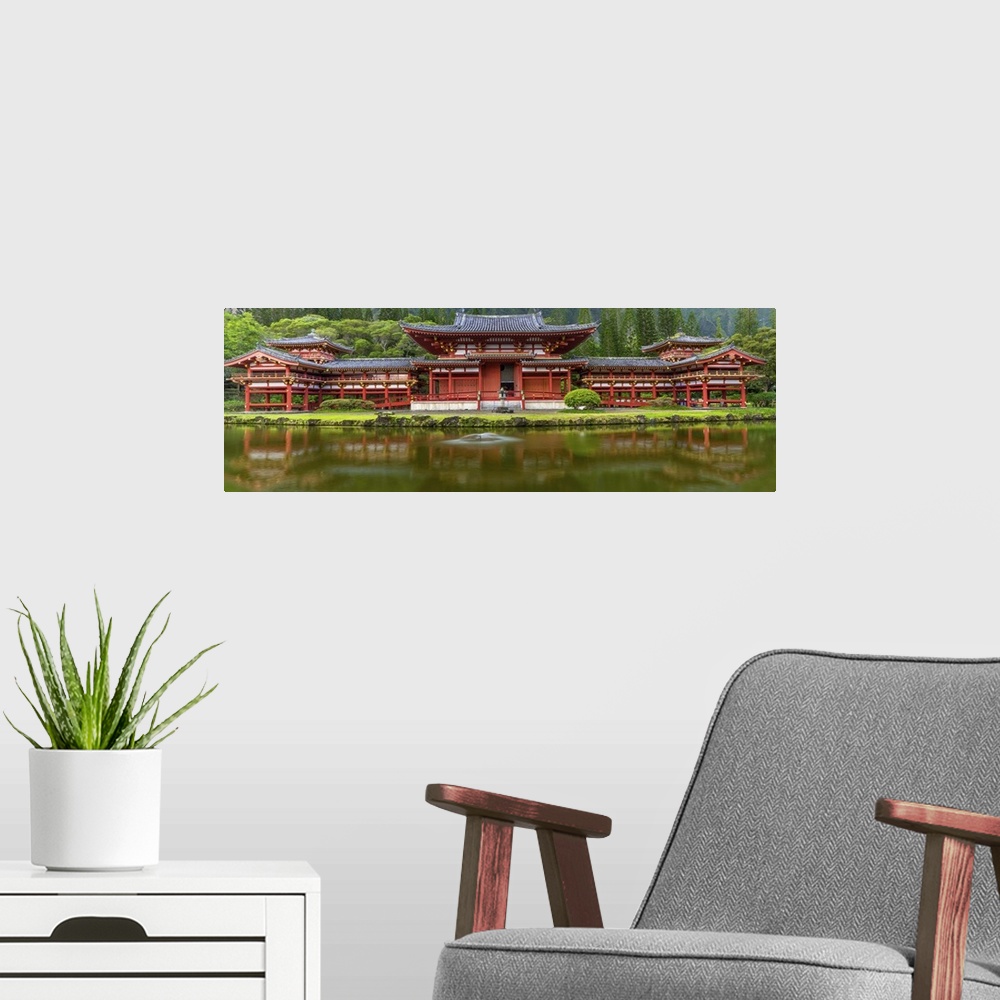 A modern room featuring USA, Hawaii, Oahu, Kaneohe. Byodo-in Buddhist temple in Valley of the Temples Memorial Park; Pano...