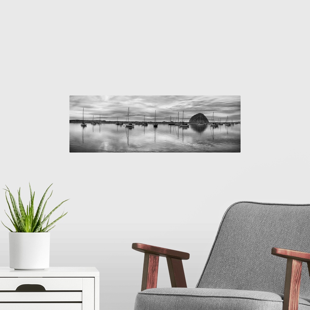 A modern room featuring USA, California, Morro Bay. Panoramic view of harbor and Morro Rock at dusk. United States, Calif...