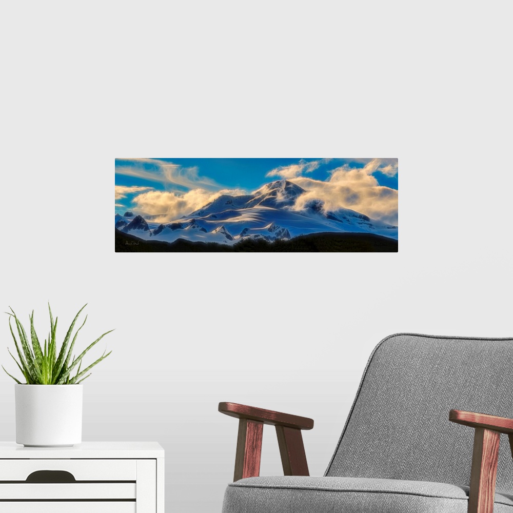 A modern room featuring Digital photo art of sunset over the mountains in Katmai National Park, Alaska.