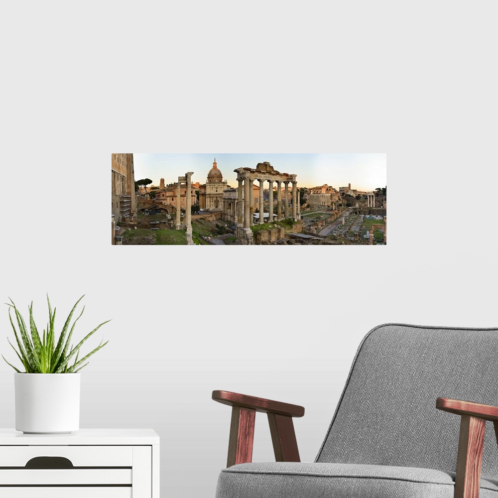 A modern room featuring Panorama of the roman forum at sunset.