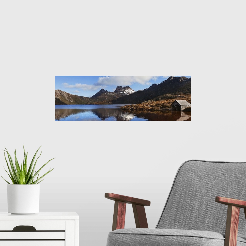 A modern room featuring Australia, Tasmania, Cradle Mountain, boat shelter on the Dove Lake