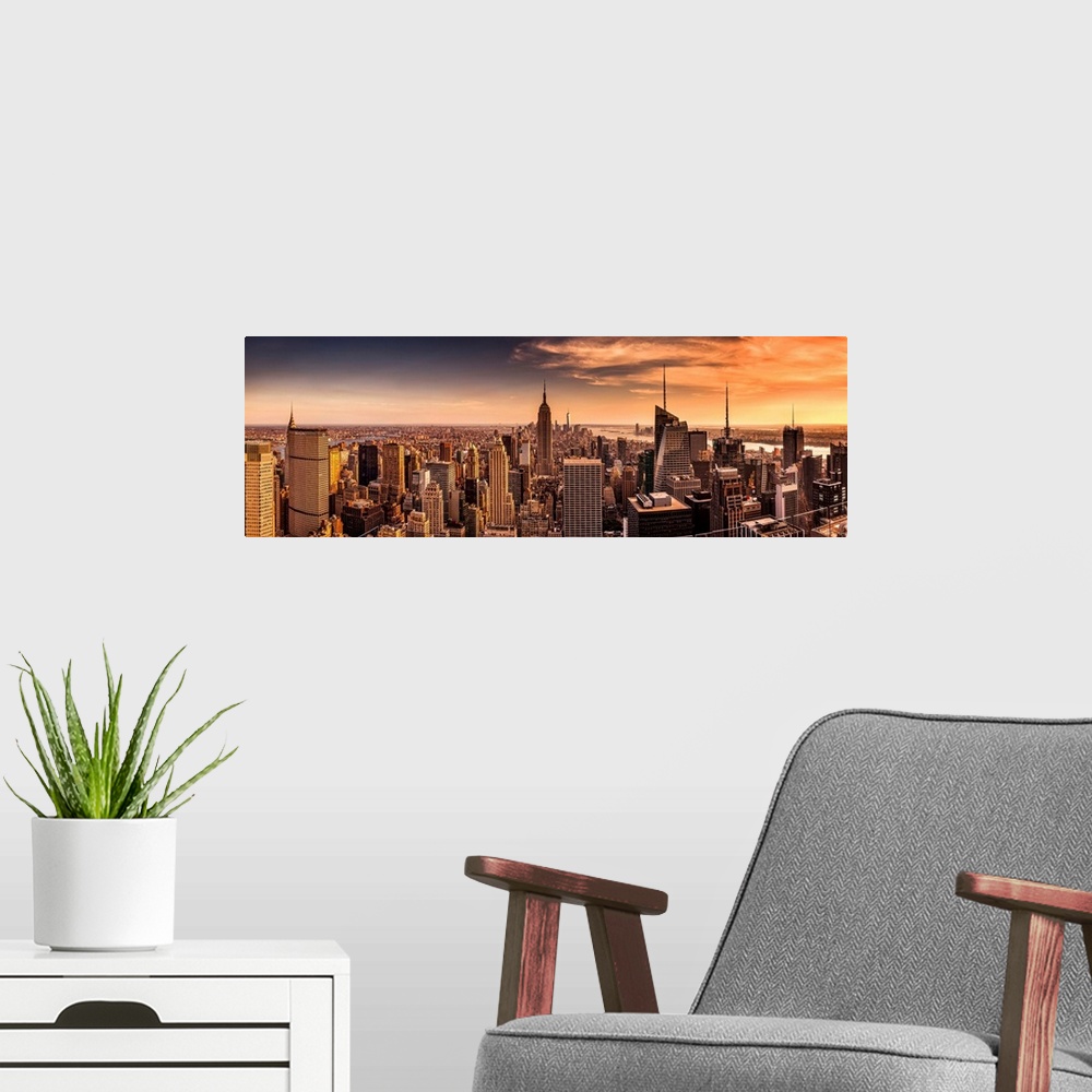 A modern room featuring New York, New York City, Manhattan, Cityscape from Top of the Rock at the Rockefeller Center.