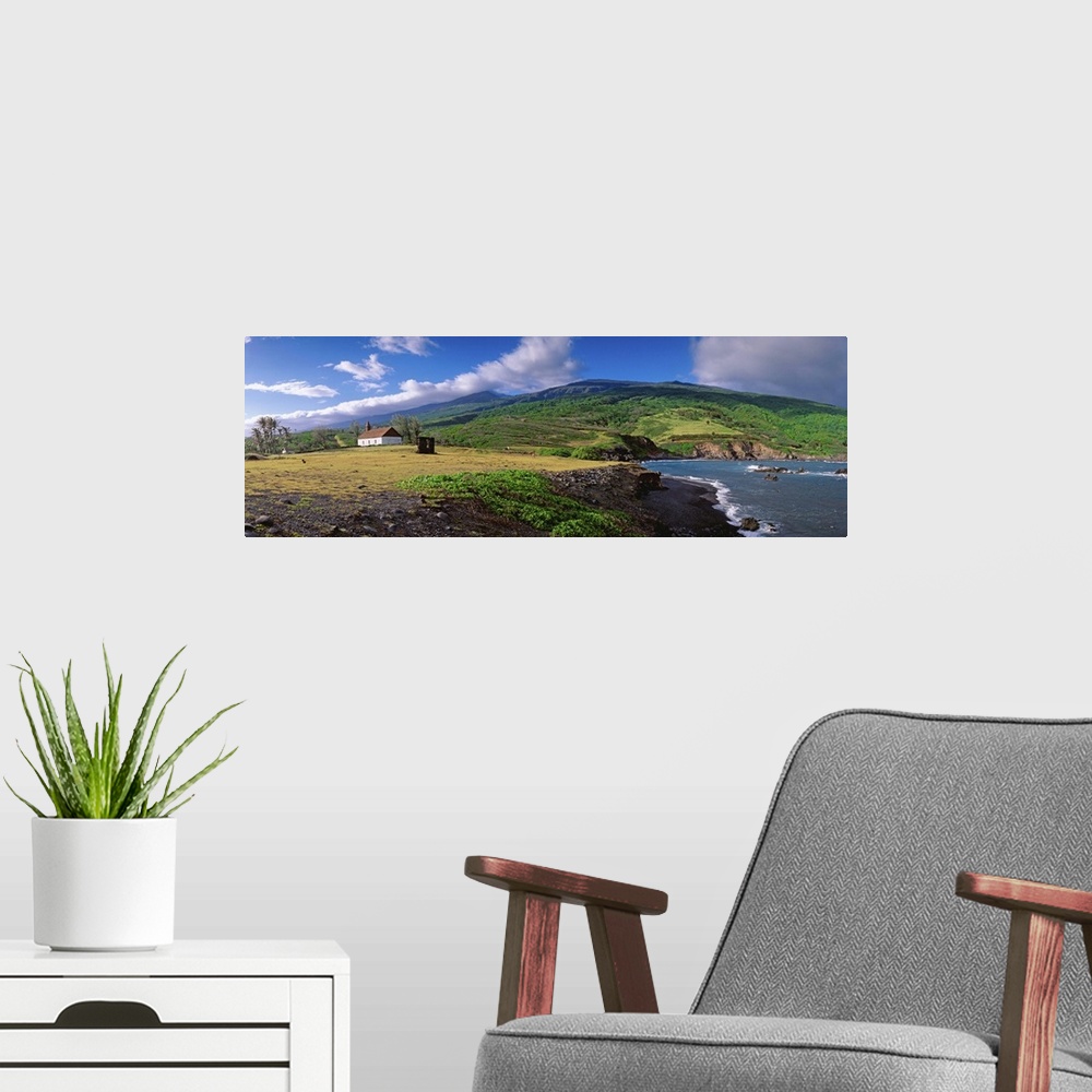 A modern room featuring United States, Hawaii, Maui island, Kaupo, church and Haleakala volcan in background