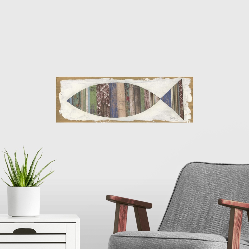 A modern room featuring A painting of a fish with patterned horizontal stripes on a white and tan background.