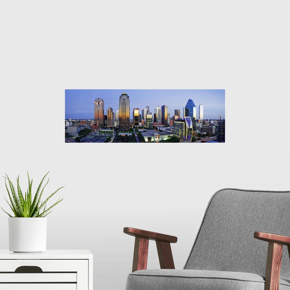 A modern room featuring downtown dallas skyline