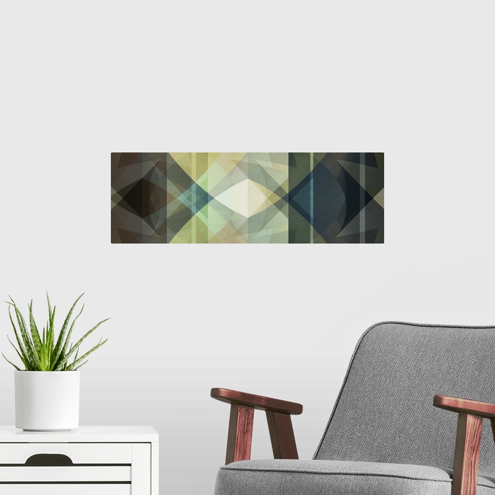 A modern room featuring Panoramic abstract art with symmetrical geometric shapes, angles, and patterns.