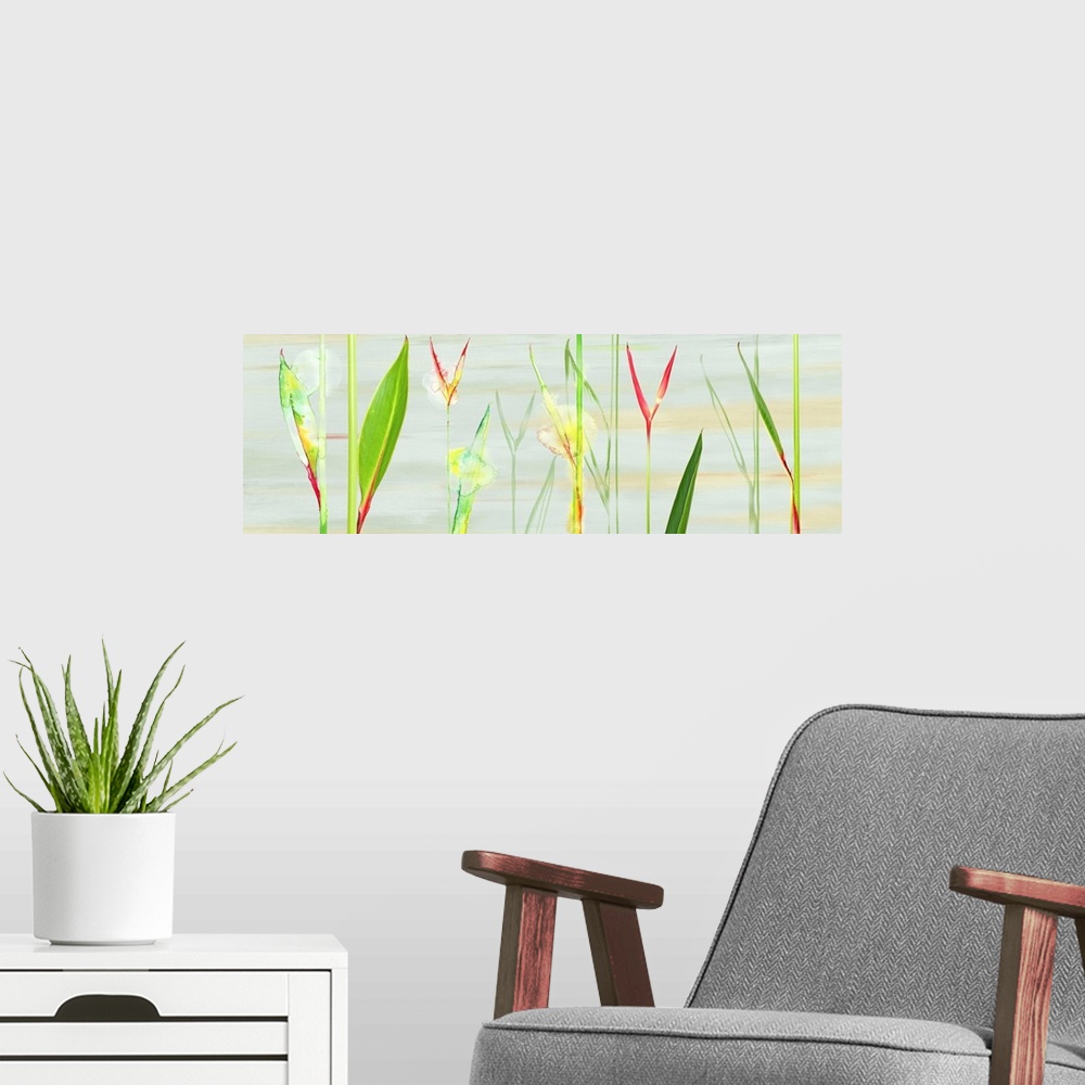 A modern room featuring Contemporary mixed media artwork of tropical green leaves.