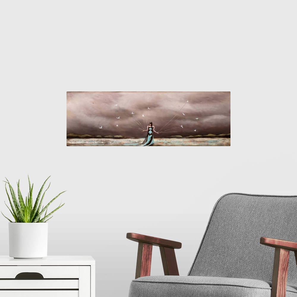 A modern room featuring Contemporary surrealist painting of a woman wearing a green dress a under a blanket of dark red c...