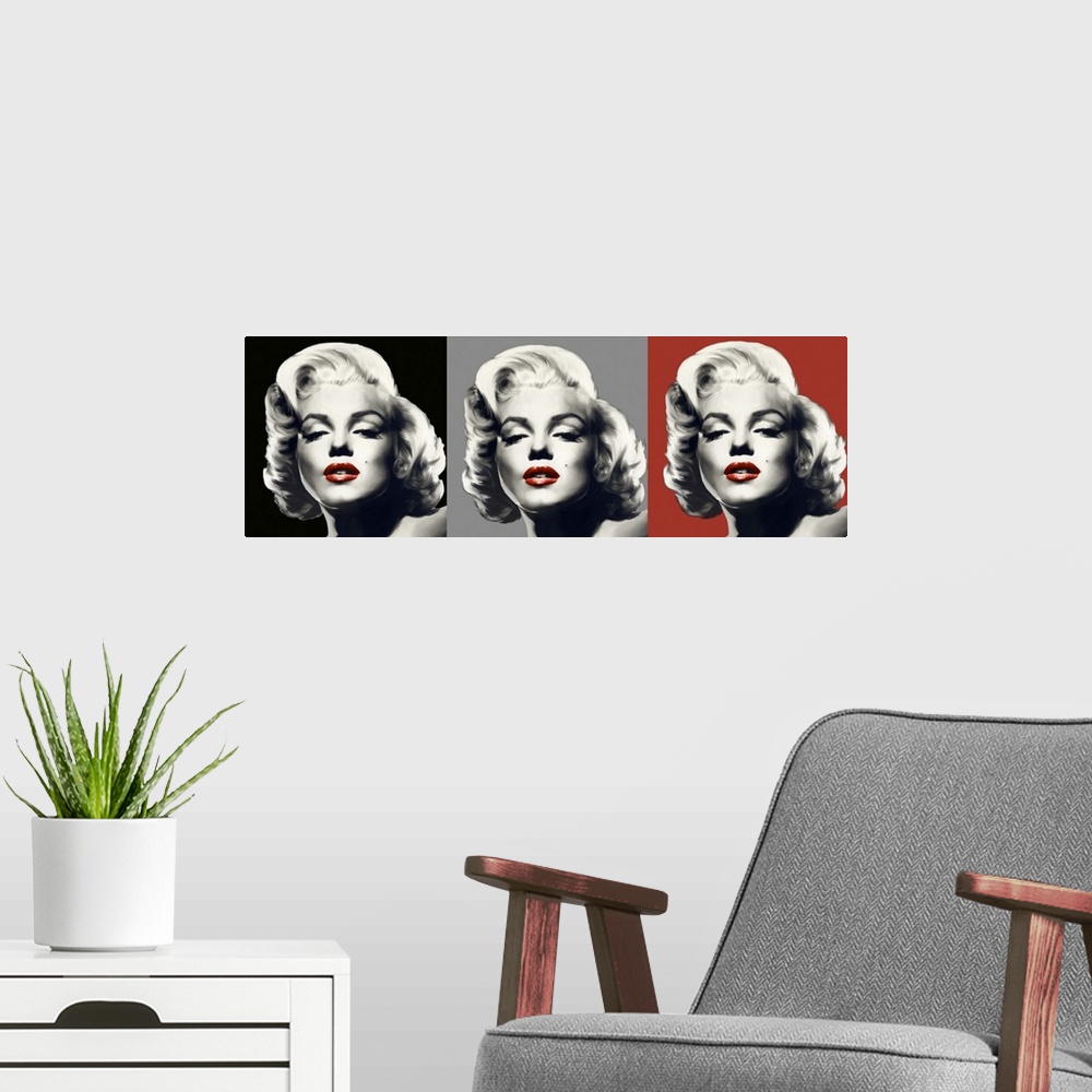 A modern room featuring Marilyn Monroe trio in black, white, gray, and red.