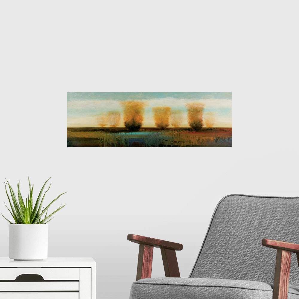 A modern room featuring Contemporary painting of golden orange trees on the river.