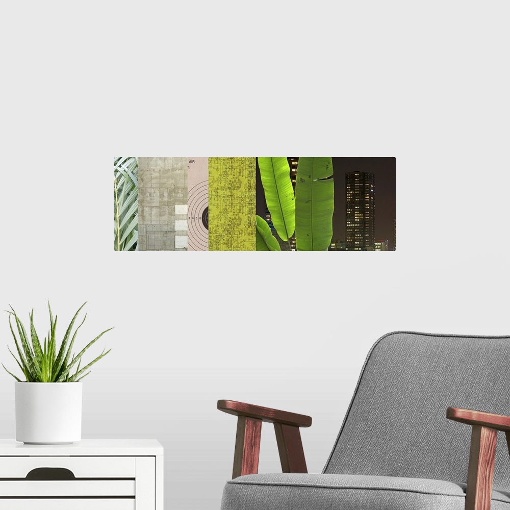 A modern room featuring Panoramic collage on canvas of ferns, stones, a target, map, palms and an urban scene.