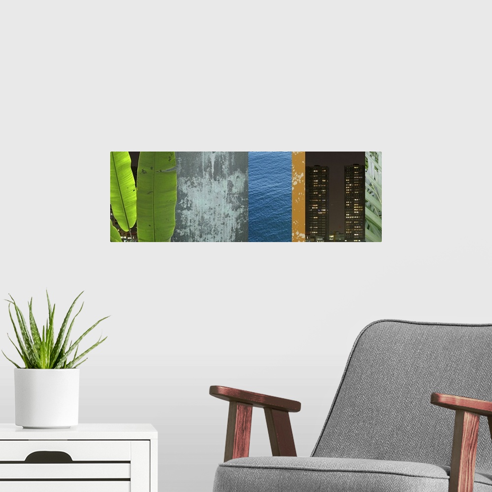 A modern room featuring This panoramic shaped artwork is a combination of various photographs collaged together to create...