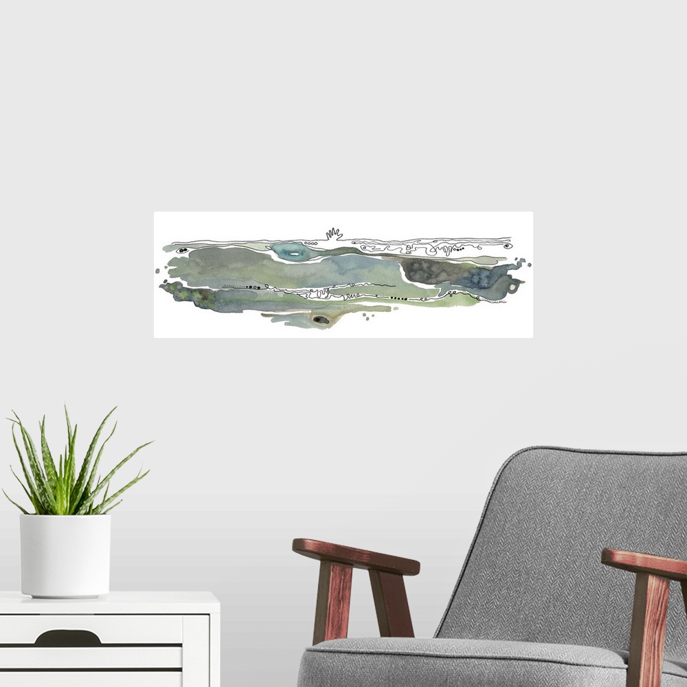 A modern room featuring Contemporary watercolor abstract artwork resembling flowing waves of water.