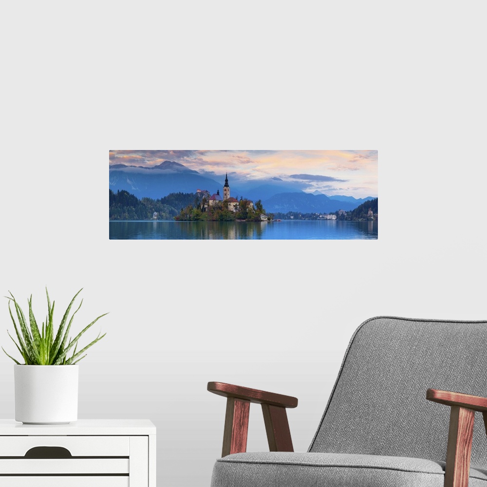A modern room featuring Bled Island (Blejski otok) with the Church of the Assumption (Cerkev Marijinega vnebovzetja) at s...
